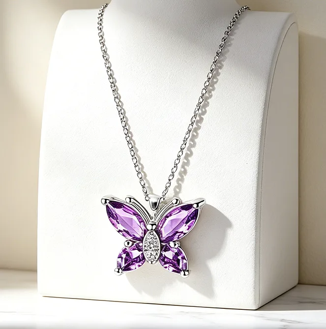 Sparkling Purple Crystal Butterfly Pendant Necklaces Stud Earrings Adjustable Open Rings Elegant Wedding Dating Women Jewelry Sets view 3