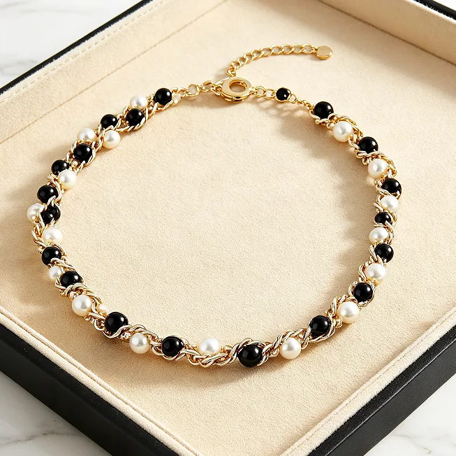 Twisted Braided Chain White Imitation Pearl Black Rhinestone Choker Necklaces Magnetic Clasp Bracelets Women Elegant Jewelry Sets view 3