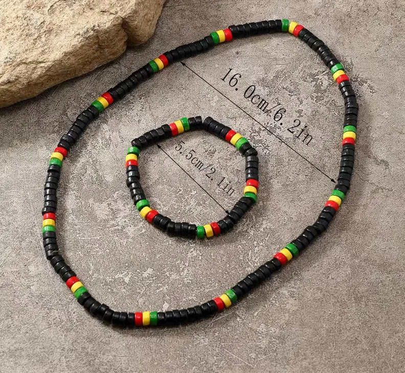 Vibrant Red Yellow Green Color Block black Beaded Stretch Bracelet Choker Necklaces Retro Reggae Street Men Daily Statement Jewelry Sets view 3