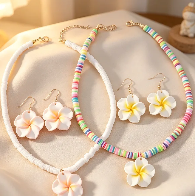 Bohemian Vacation Multicolor Strip Bead Choker Necklaces Pink Plumeria Flower Earrings Women Tropical Beach Holiday Sweet Floral Jewelry Sets view 2