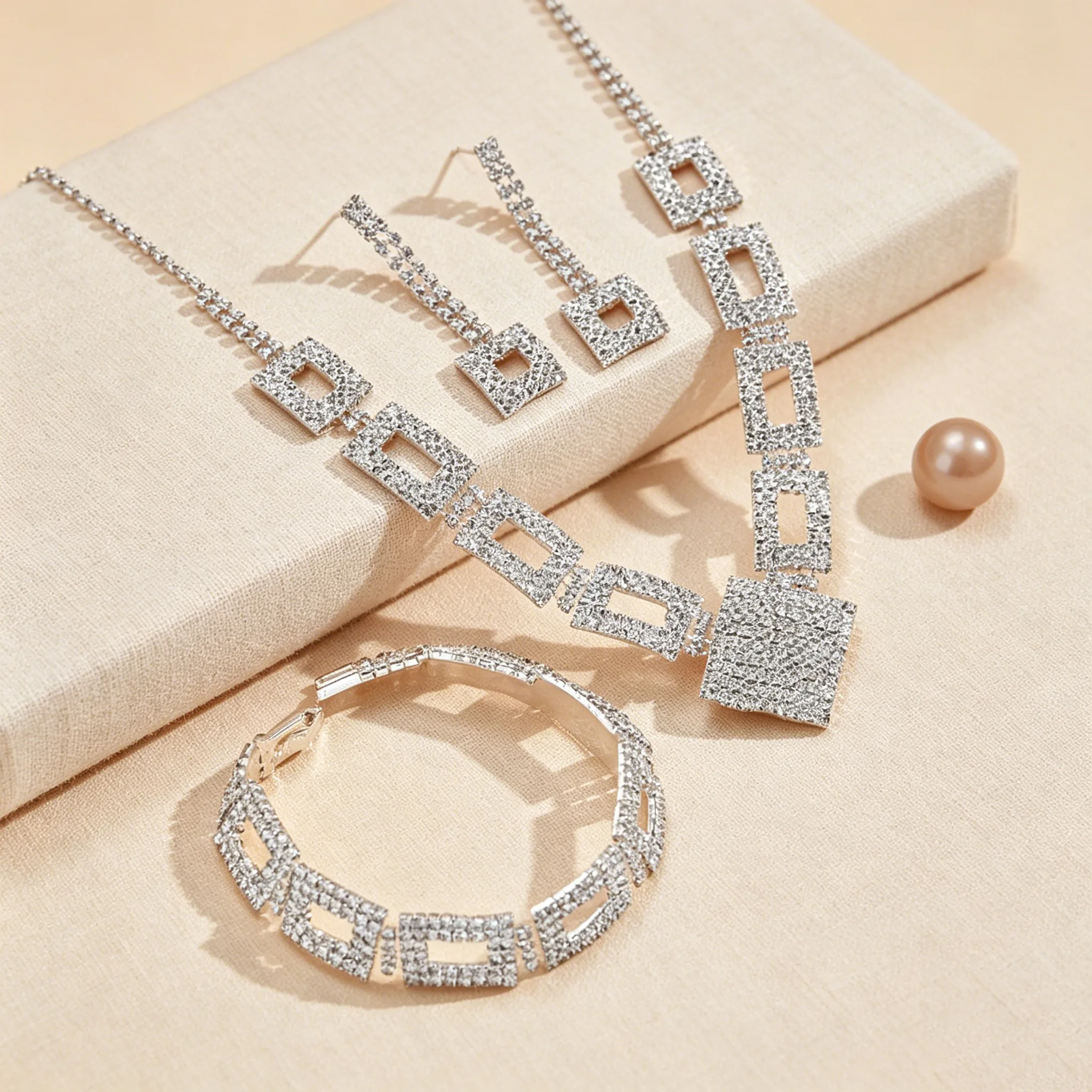 Square Hollow Frame Rhinestone Geometric Irregular Pendant Necklaces Drop Dangle Earrings trendy Bracelets Jewelry Sets for Women bridal view 2