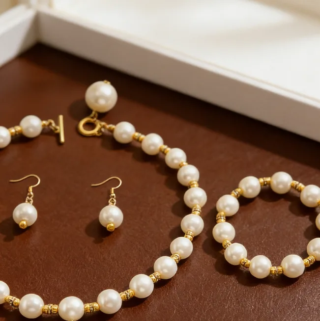Imitation Pearl Copper Toggle OT Clasp Necklaces Beaded Bracelet Single Pearl Drop Earrings Vintage Wedding Fashion Jewelry for women