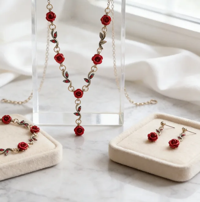Red Rose Vine Floral Drop Necklaces Adjustable bracelet Earrings Romantic Feminine Elegant Statement Jewelry for women Valentine's Day