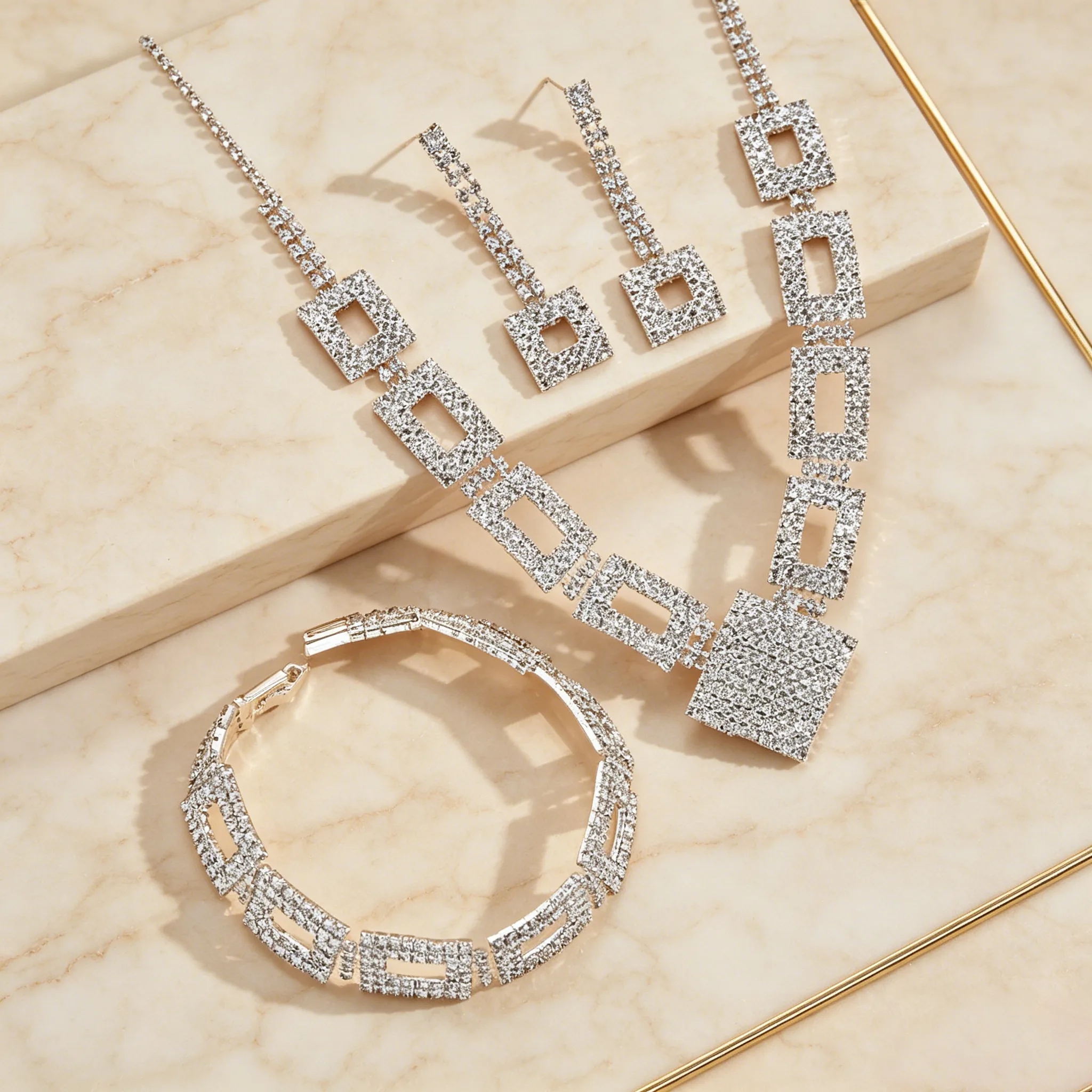 Square Hollow Frame Rhinestone Geometric Irregular Pendant Necklaces Drop Dangle Earrings trendy Bracelets Jewelry Sets for Women bridal