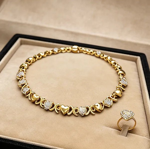 Fashion Gold Plated Alloy Heart Love Shaped Geometric Necklaces bracelet Ear Clip Open Ring Full Rhinestone jewelry sets for Women Party view 3