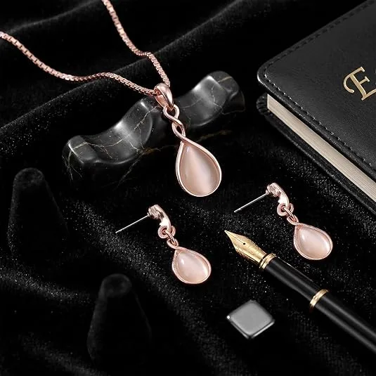 Modern Multi Curved Cat's eye stone water drop bride earrings pendant necklace set Complete Jewelry Sets For Birthday Prom