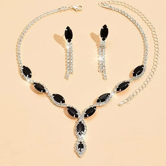 Marquise Black Stone Surrounded Clear Rhinestone V-Shape Pendant Necklaces Tassel Drop Earrings Jewelry Sets for Women