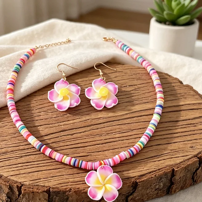 Bohemian Vacation Multicolor Strip Bead Choker Necklaces Pink Plumeria Flower Earrings Women Tropical Beach Holiday Sweet Floral Jewelry Sets