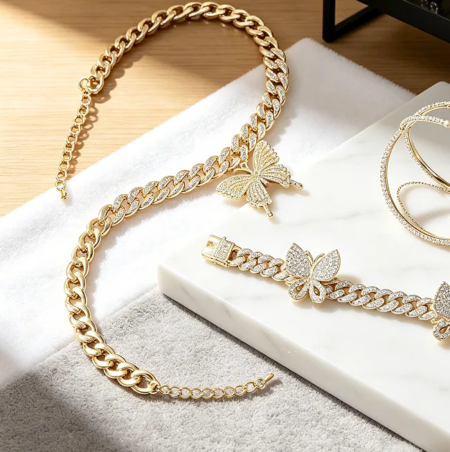 Hip Hop Punk Butterfly Pendant Cuban Link Chain Necklaces Full Stone Round Dial Wrist Watch Large Hoop Earrings Open Ring Stackable Thin Bangles for Women Trendy Jewelry Sets view 3