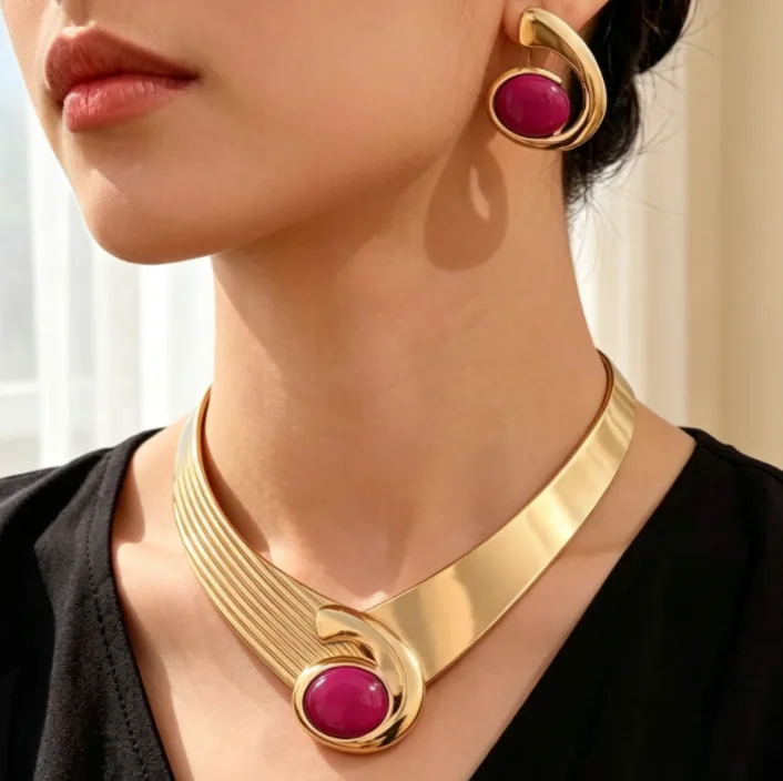 Muxcor Trendy Irregular Letter E- Alloy Earring Collar Bracelet Set Gold Plated Pearl Stone Fahion Jewelry Sets For Women view 2