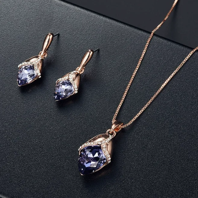 Violet Teardrop Charms Halo Wrap Pendant box Chain Necklaces Smooth Dangle Earrings Bridal Wedding Elegant Jewelry for women sets view 2