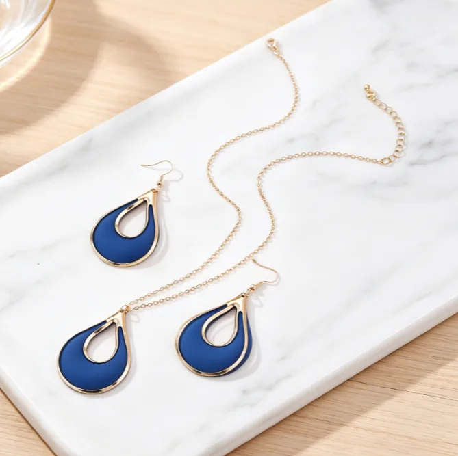 Matte Blue Enamel Hollow Water Drop Pendant Necklaces Long Dangle Earrings Minimalist Women Statement designer inspired Jewelry Sets