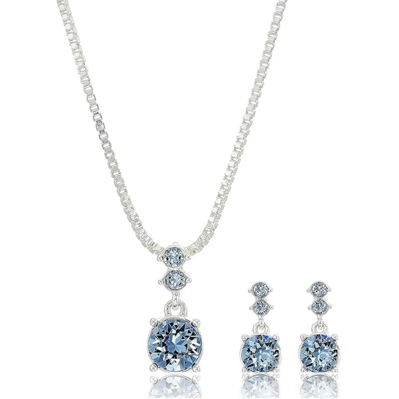 Elegant Round blue Stone Pendant Necklaces Drop Earrings for Women Wedding Jewelry Sets Fashion Accessories view 3