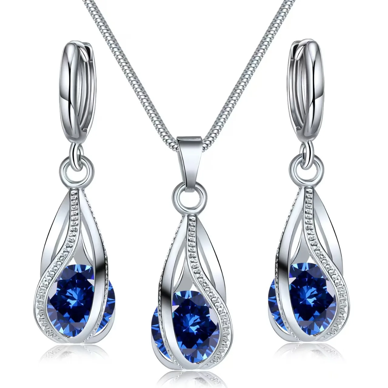 Twisted Irregular Teardrop black Zircon Pendant Necklaces CZ Drop hoop Earrings Women Jewelry Sets for Anniversary Birthday Gifts view 3