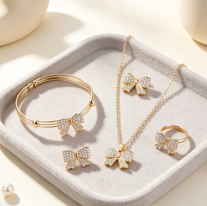 luxury Rhinestone Beaded Pendant Necklaces Mini Bow Stud Earrings Bracelets for Women fashion Jewelry Sets