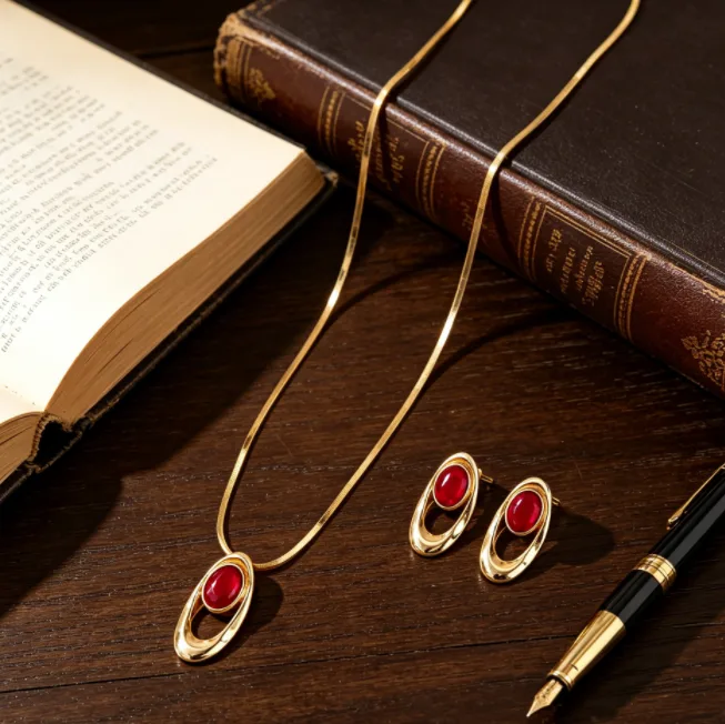 Geometric Oval Black Inlaid Pendant charms Necklaces Drop Earrings Minimalist Elegant Daily Commute Women Fashion Statement Jewelry view 2