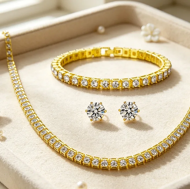 Luxury Iced Out Tennis Chain Rhinestone Necklaces Clasp Closure Inlaid Wrist bracelet Snowflake Cluster Stud earrings Women Bridal Prom Glam Statement Jewelry Sets view 2