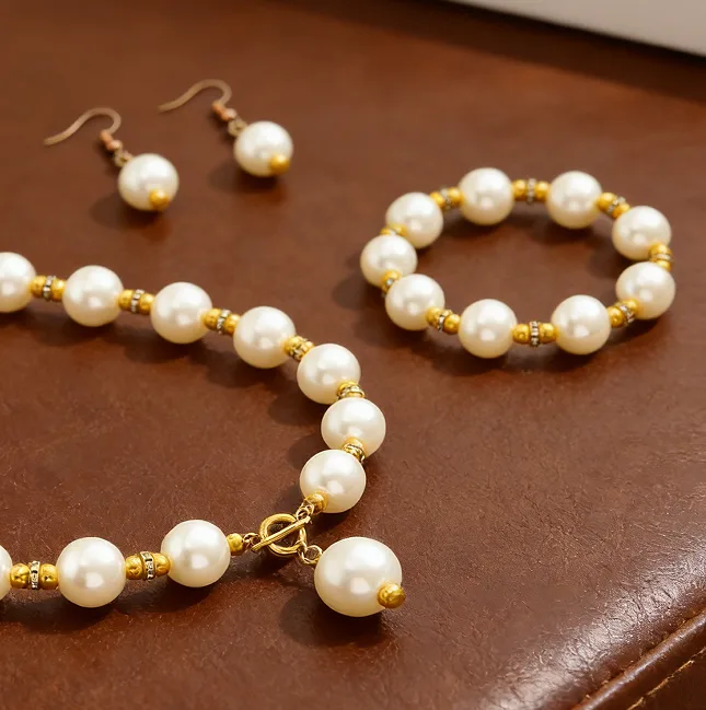 Imitation Pearl Copper Toggle OT Clasp Necklaces Beaded Bracelet Single Pearl Drop Earrings Vintage Wedding Fashion Jewelry for women view 2