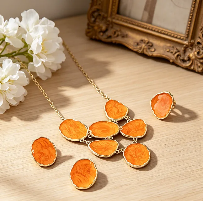 Vibrant Orange Swirl Glossy Irregular Round Slice Bib Necklaces Cuff Bracelet Stud Earrings Ring Summer Vacation Women Statement Jewelry view 2
