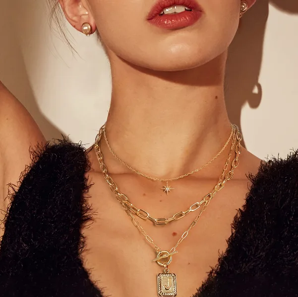 Vintage Three Layer Stacked Chain Necklaces Tiny Starburst Rhinestone Charms Square Initial Letter OT Toggle Pendant Women Daily Layering Fashion Jewelry view 3