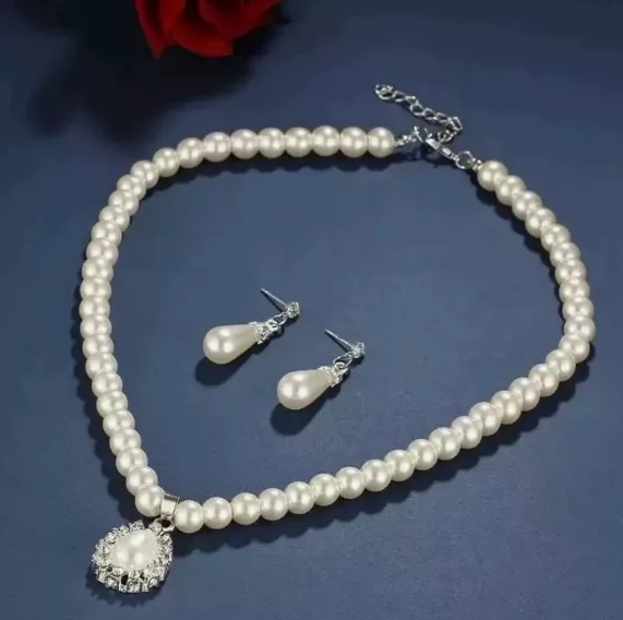 Imitation Pearl women luxury waterdrop pendant necklace drop earrings elegant jewelry set for gift view 2