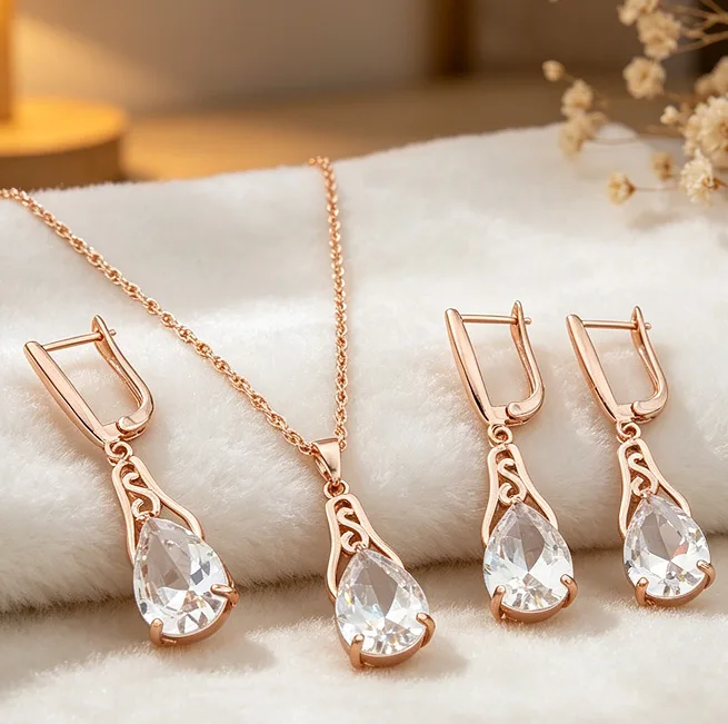 Vintage Hollow Teardrop Champagne Zircon Pendant Thin Chain Necklaces CZ Huggie Drop Earrings for Women classic Jewelry Sets view 3