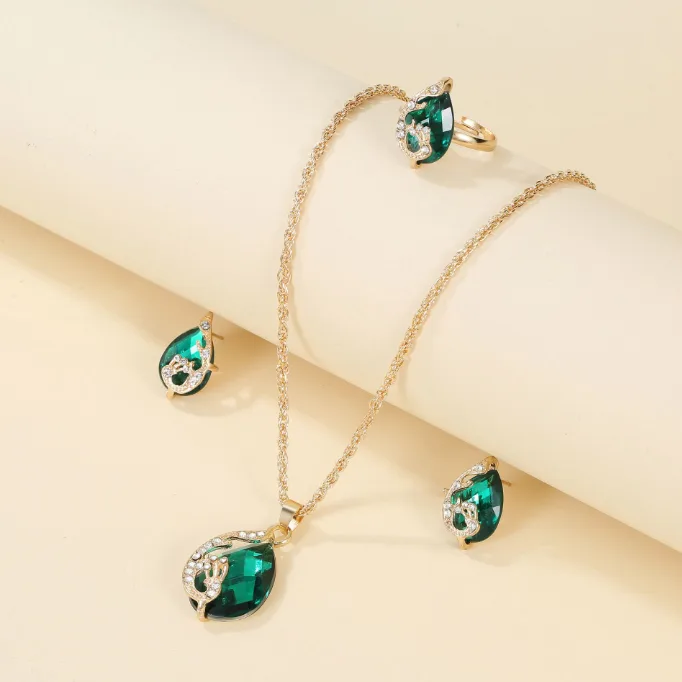 Bright Blue Teardrop Peacock Pendant Necklaces Decorative Stud Earrings Ornaments Adjustable Open ring Jewelry for women sets view 3