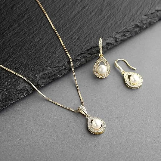 Elegant Teardrop Halo Pearl Pendant Necklaces Drop Earrings Wedding Evening Party fashion Jewelry Sets for Women view 3