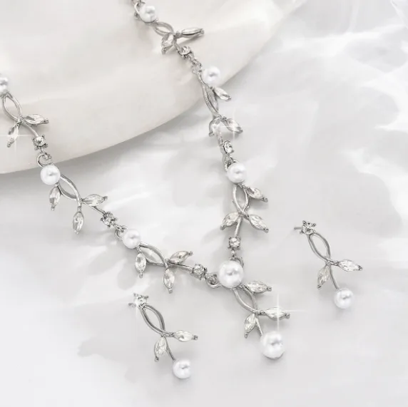 Bridal Floral Vine Imitation Pearl Y-Shaped Necklaces Drop Earrings Bracelets Women Wedding fashion wedding elegant bridal Jewelry Sets view 2