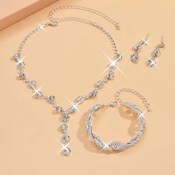 Elegant Multi Round Clear Rhinestone Y-Shaped Drop Necklaces Graduated Round Stone Dangle Earrings Linked Rhinestone Stretch Bracelets Women Wedding Banquet Jewelry Sets