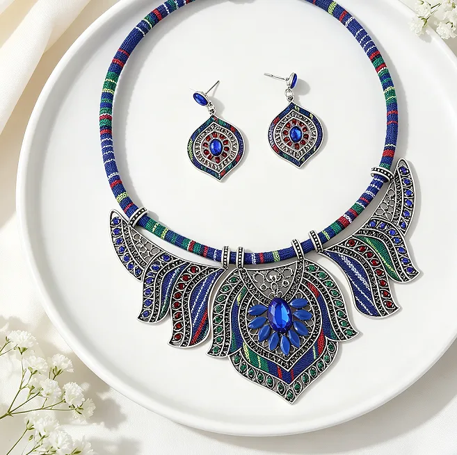 Bohemian blue Ethnic Colorful Fabric Statement Choker Necklaces Geometric Block Dangle Earrings Women Retro Holiday chunky Jewelry Sets