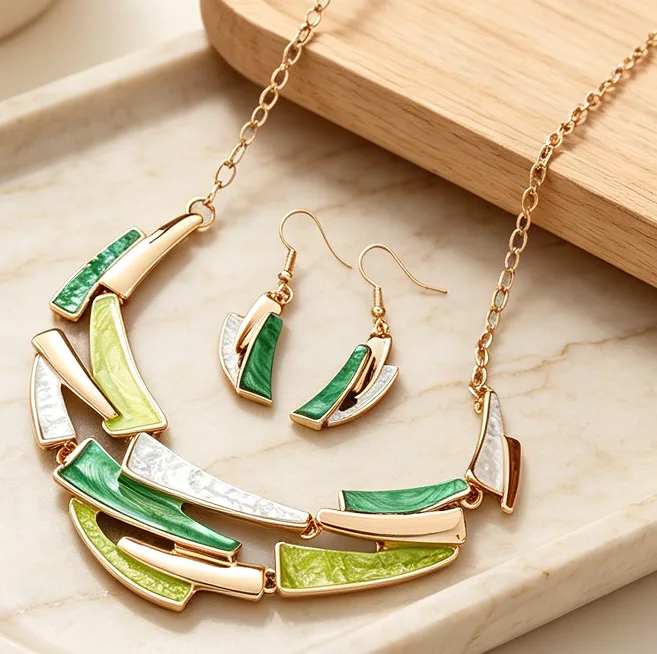 Bohemian Oil Painting Gradient green Irregular Geometric Bib Choker Necklaces Drop Earrings Ethnic Women Statement Jewelry