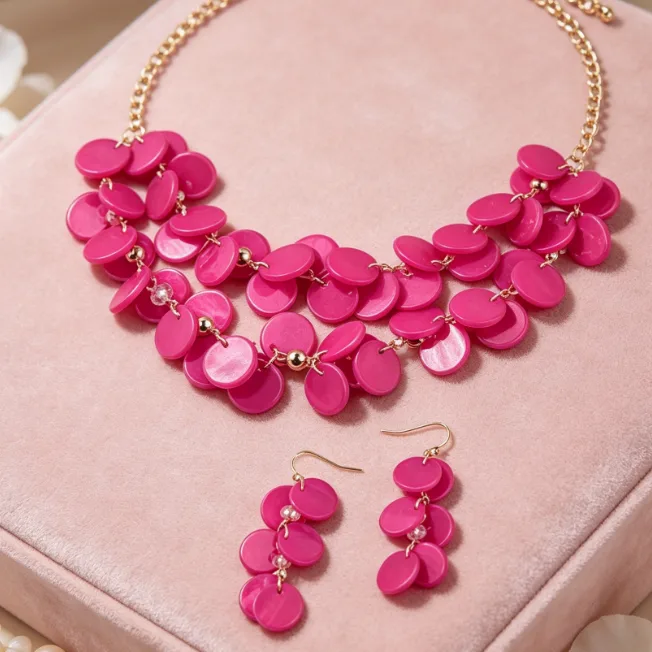 Fuchsia Round Shell Flake Collar Choker Adjustable Chain Necklaces Hook Drop Ear Charms Beach Boho Vacation Statement Jewelry for women view 3