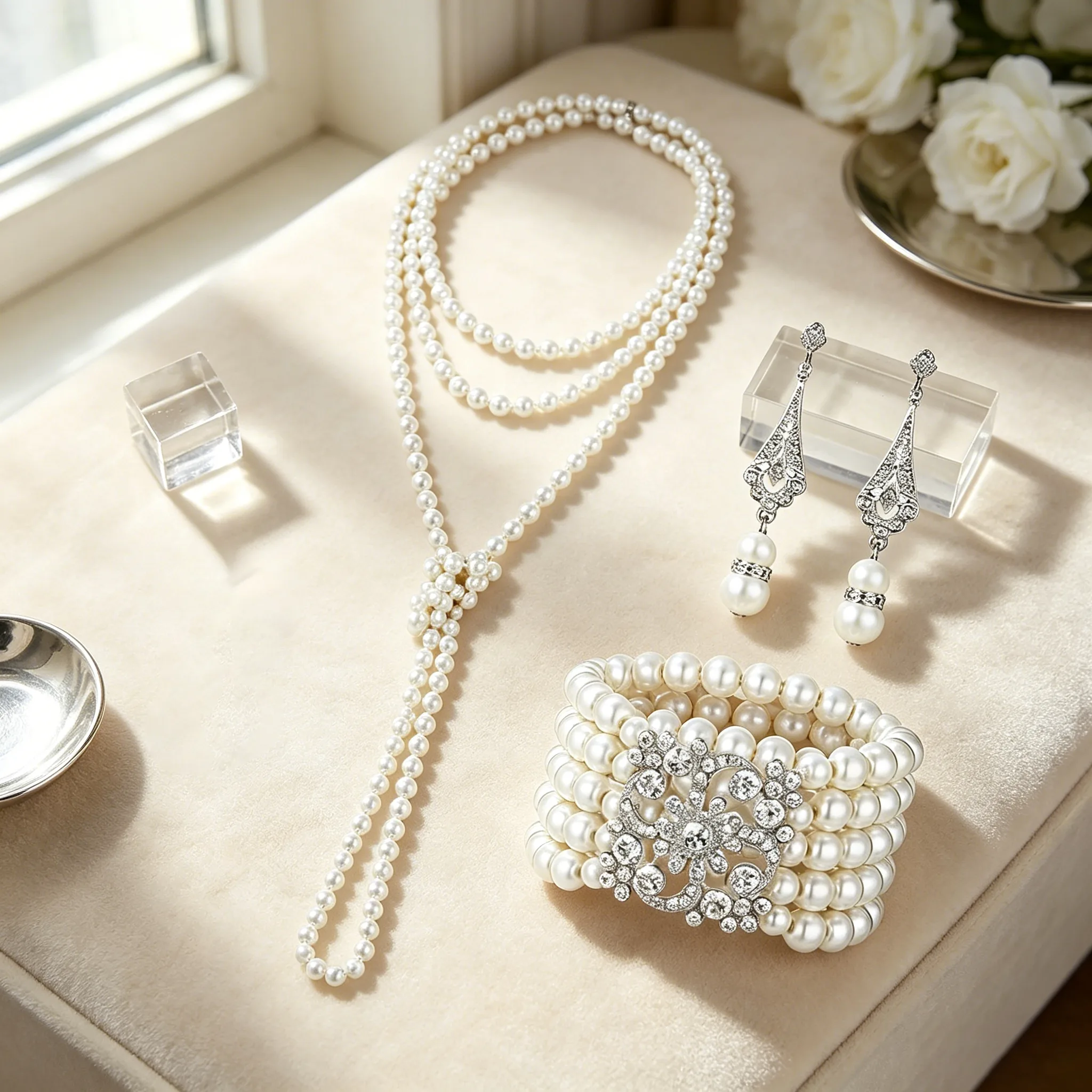 French long Tassel Y Shape Pearl Necklaces Rhinestone Drop Earrings Multi layer wide Bracelets Jewelry Sets for Women Wedding
