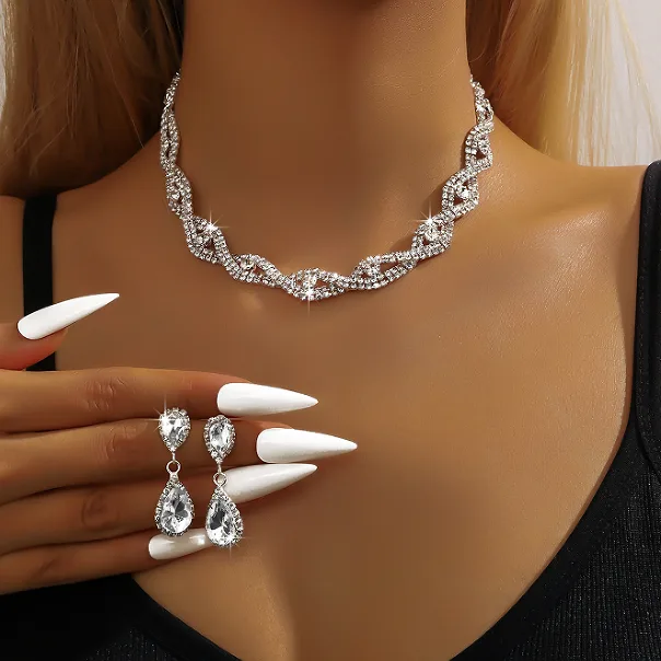Luxury Twisted Vine Waterdrop Rhinestone Bib Choker Necklaces Teardrop Dangle Earrings Interwoven diamond Link Bracelets Bridal Wedding fancy Jewelry Sets for Women view 3