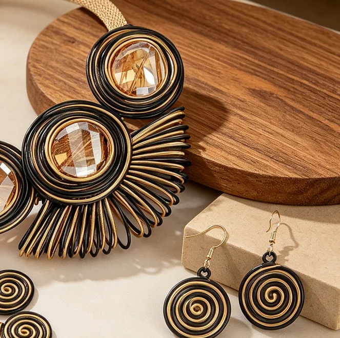Hand Woven Oversized Spiral Round Crystal Inlaid Bib Choker Necklaces Swirl Circle Drop Earrings Ethnic Bohemian Statement Women Jewelry view 2