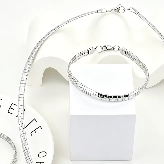 silver anti-tarnish Snake Choker Necklaces Bracelets Minimalist Smooth Flat Chain Stainless Steel Jewelry Sets For Women Stackable Accessories view 3