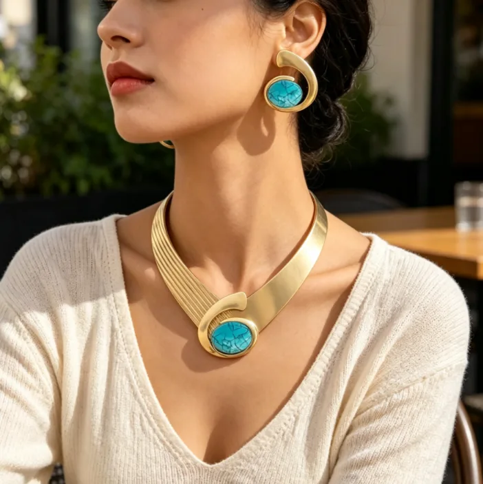 Muxcor Trendy Irregular Letter E- Alloy Earring Collar Bracelet Set Gold Plated Pearl Stone Fahion Jewelry Sets For Women view 3