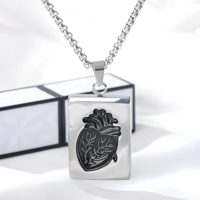 Rock Punk Anatomical Heart Pendant Couple Necklaces Square Tag Heart Shape Chain Trendy Gothic for Lovers men women Jewelry view 3
