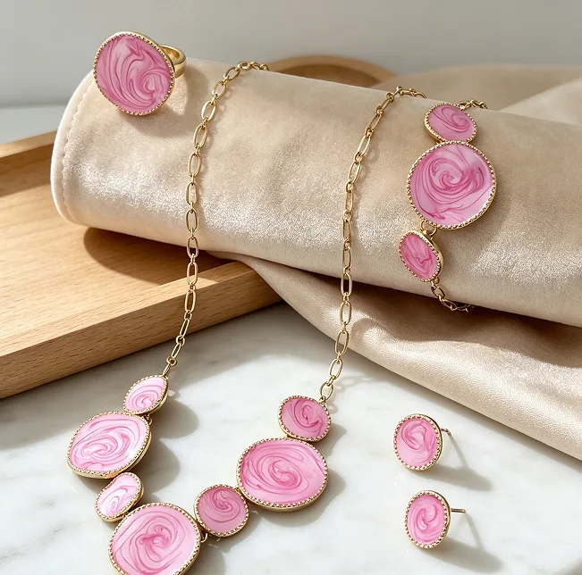 Unique Swirl Pink Enamel Irregular Round Disc Pendant Necklaces Bracelet Stud Earrings Adjustable Ring Women Statement Jewelry