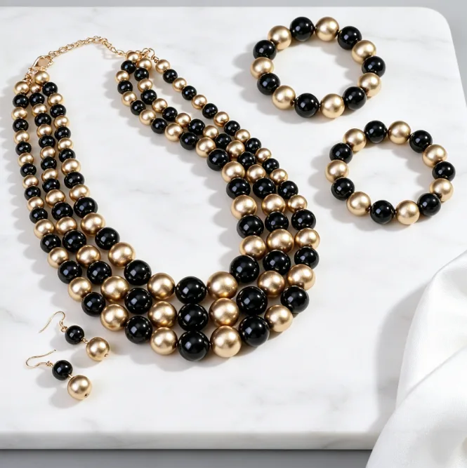 Multi Strand mix Black Cream beaded Imitation Pearl Necklaces Earrings Stretchable Mixed Bracelets Women Statement Jewelry Sets view 3