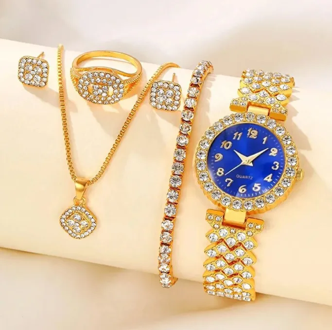Full Rhinestone Round Dial Wrist Watch Square Pendant Thin Chain Necklaces Stud Earrings tennis Bracelet Ring Women Luxury All In One Jewelry Watch Sets