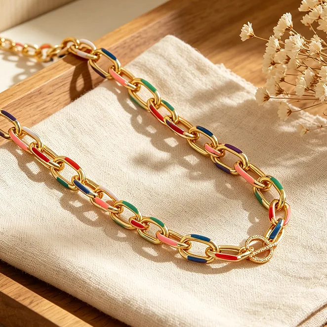 Hip Hop Colorful Enamel OT Clasp Chain Necklace Bracelet Trendy Chunky Link Daily Party Women Statement designer inspired jewelry sets