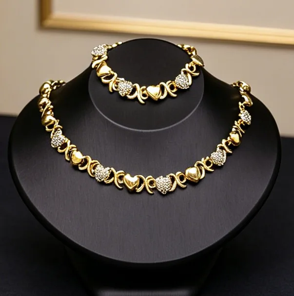 Fashion Gold Plated Alloy Heart Love Shaped Geometric Necklaces bracelet Ear Clip Open Ring Full Rhinestone jewelry sets for Women Party view 2