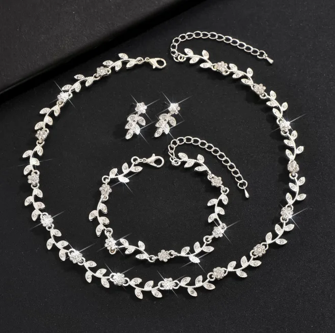 Dark Blue Camellia Rhinestone Vine Collar Necklaces flower Bracelet Floral Drop Earrings Wedding Party Delicate Elegant Fashion Jewelry for women