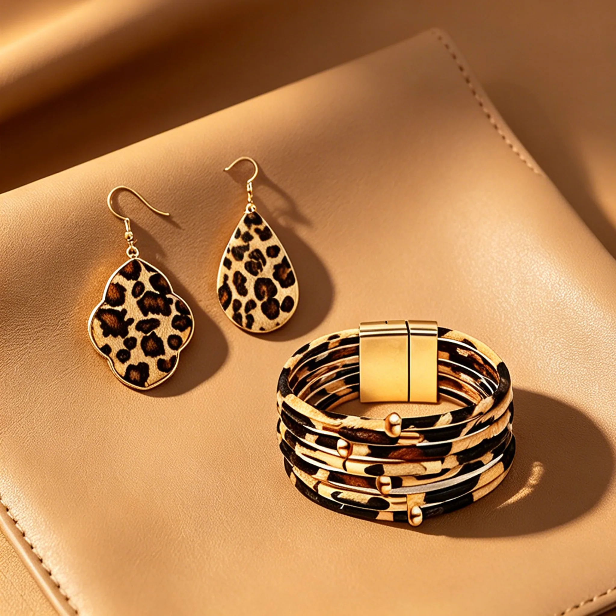 jewelry sets boho vintage Leopard print magnetic clasp leather bracelet earrings flower pendant necklaces for women set view 3