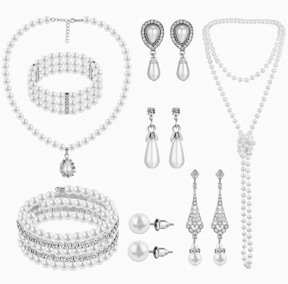 Fashion Multi Tier Pearl Tassel Necklaces Varied Length Pearl Drop Earrings Wide Row Pearl Link Bracelets Women Stack Jewelry Sets for gift