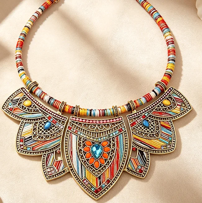 Bohemian Ethnic red Rhinestone Inlaid Petal Statement Collar Necklaces Rhombus Dangle Earrings Women vintage Jewelry Sets view 2