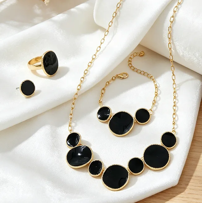 Minimalist Glossy Black Enamel Irregular Round Disc Pendant Necklaces Bracelet Stud Earrings Ring Cool Women Statement fashion Jewelry