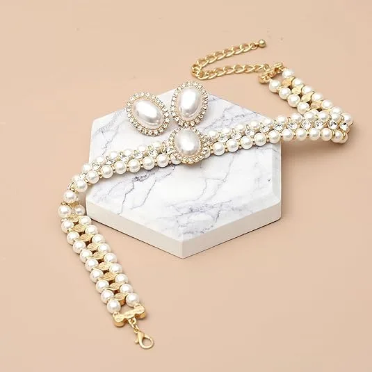 Vintage Multi Row Pearl Choker Necklaces Oval Framed Pearl Stud Earrings Bridal Retro Banquet Jewelry Sets for Women view 3